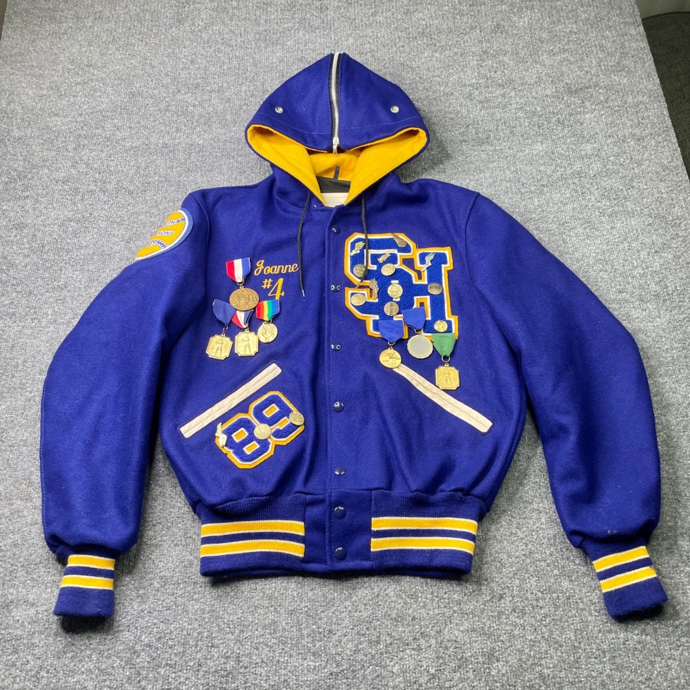DeLong Varsity Jacket Unisex 38 Blue Suffolk Hills 89 Wool Medals Hooded Vintage